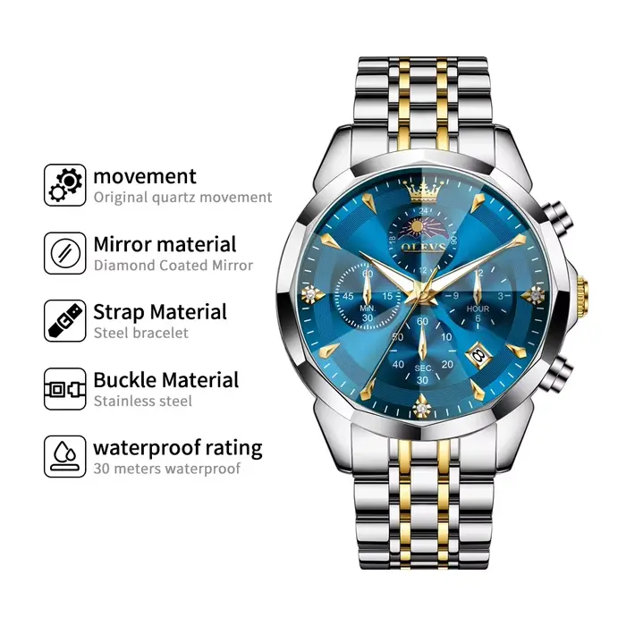 OLEVS montre homme classique Chrono Phase de lune montres à Quartz multifonctions pour hommes miroir romain bracelet en