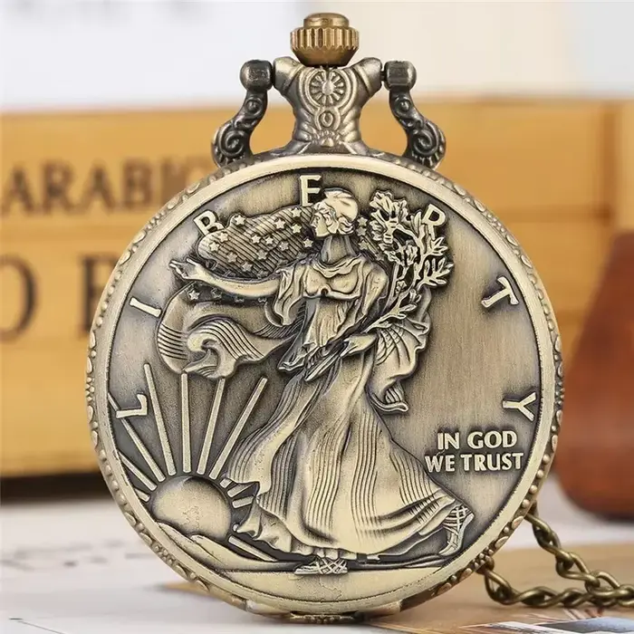 Montre de poche analogique vintage en quartz pur de 1 oz avec pièce commémorative Statue de la Liberté pour hommes et