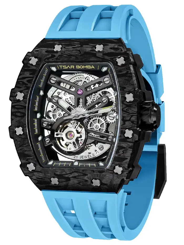 TSAR BOMBA  Montre automatique pour hommes, lunette en Fiber de carbone, squelette, montres mécaniqu