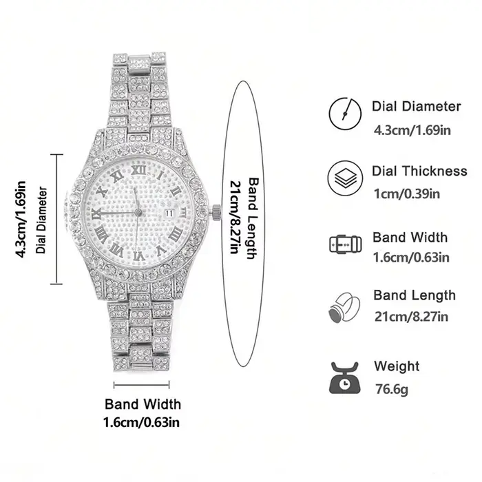 Montre en argent à quartz entièrement sertie de diamants