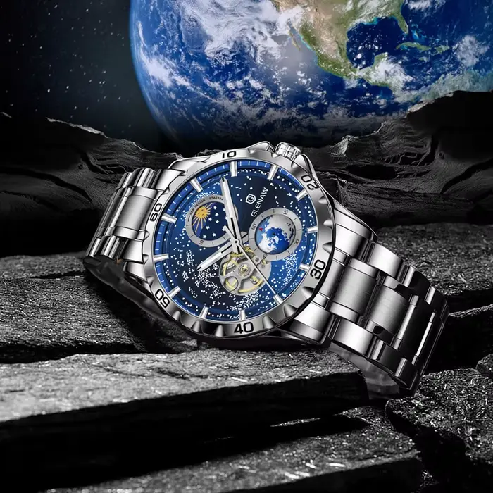 GLENAW rotatif terre Double seconde main mécanique montre-bracelet hommes ciel étoilé bracelet en acier inoxydable montre étanche