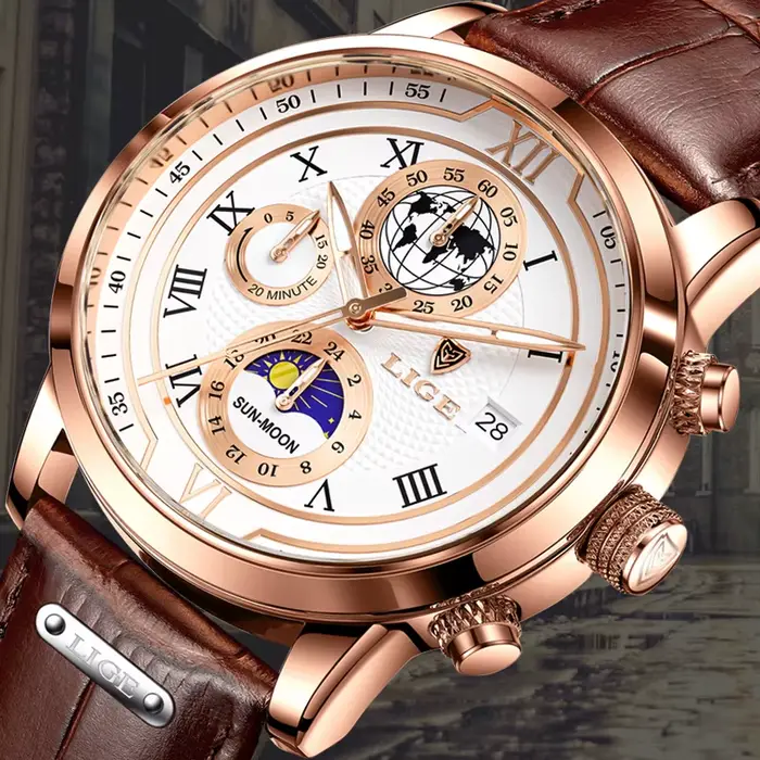LIGE luxe homme montre-bracelet étanche lumineux chronographe montre pour hommes bracelet en cuir