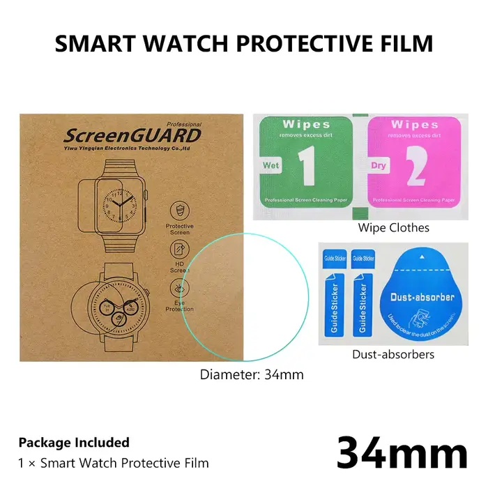 Film de protection d'écran en verre trempé pour montres rondes de toutes tailles, diamètre 34 35 36