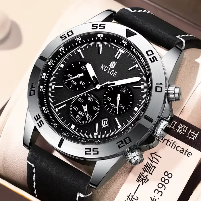 Montre-bracelet multifonctionnelle édition limitée avec bracelet en cuir phosphorescent résistante à l'eau pour hommes occasions spéciales