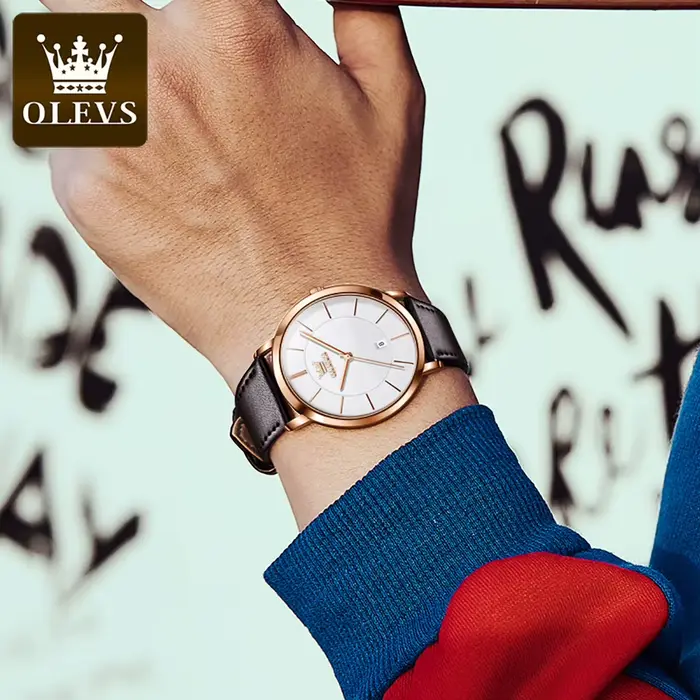 Montre homme OLEVS ultra-mince quartz avec bracelet en cuir pour occasions spéciales et tous les jours