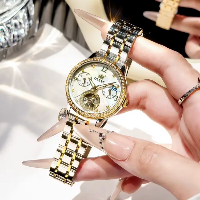 Montre mécanique pour femme OLEVS 6705 authentique avec mouvement tourbillon serti de diamants, lumi