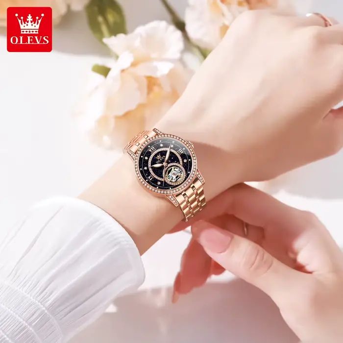 Montre de luxe mécanique automatique pour femme avec incrustations de diamants et design étoilé pour occasions spéciales et cadeaux