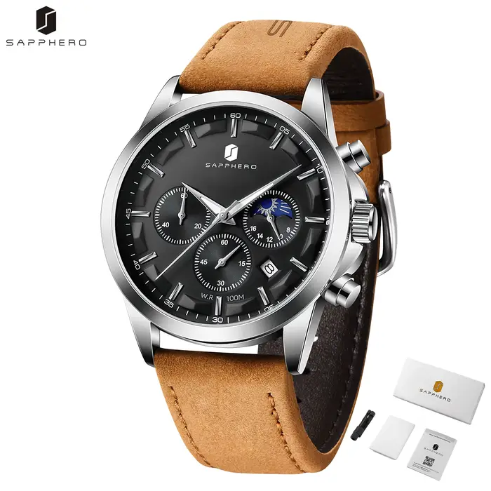 SAPPHERO montre d'affaires pour hommes, bracelet en cuir, conception étanche, fonction chronomètre, 