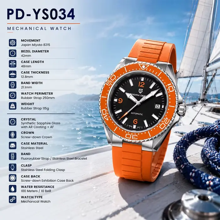 Montre Pagani Design de plongée orange automatique avec mouvement mécanique japonais pour hommes occassions sportives et plongées