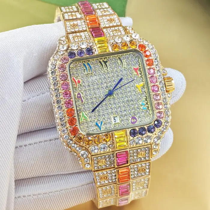Montre Homme Quartz Diamant Arc-en-ciel Entièrement Sertie Or Gypsophile Vintage Forme Carrée Hip Hop Reloj