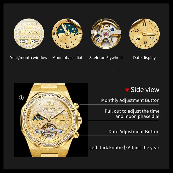 Montre OLEVS Tourbillon Automatique Luxe Hommes avec Tourbillon Squelette Lumineux Calendrier Complet et Phase de Lune Occasions Spéciales