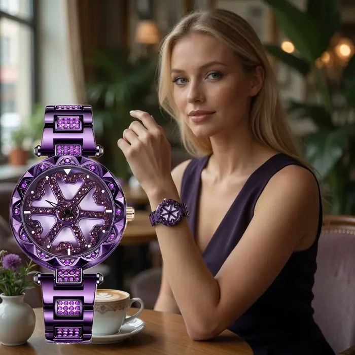 Montre à Quartz Binda Sertie de Cristaux Cadran Rotatif Élégante et Polyvalente Femme Occasions Spéciales