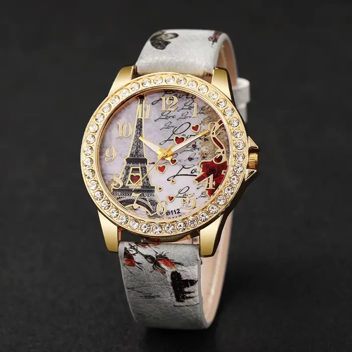 Montre à quartz avec bracelet en cuir PU pour femme, cadran tour Eiffel, mode, boîte non incluse, en