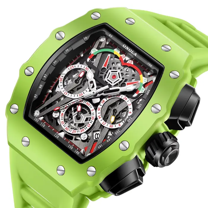 ONOLA 6827CK Nouvelle Montre à Quartz Design Tonneau Multifonctionnelle Étanche avec Bracelet en Silicone pour Homme Reloj