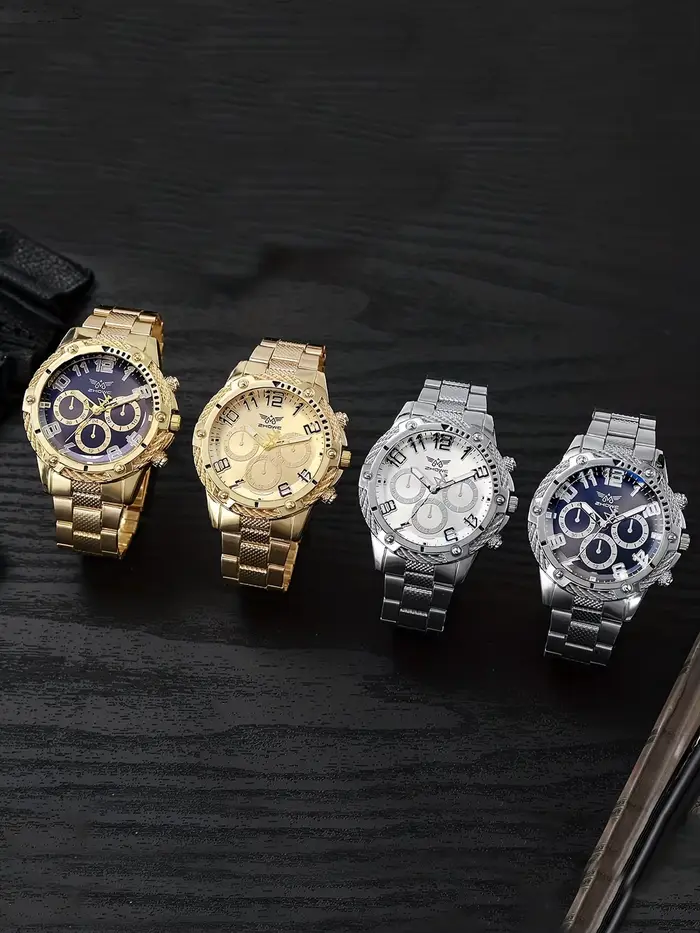 4 montres à quartz pour hommes, neuves, élégantes, de luxe, avec un grand cadran rond à trois faux c