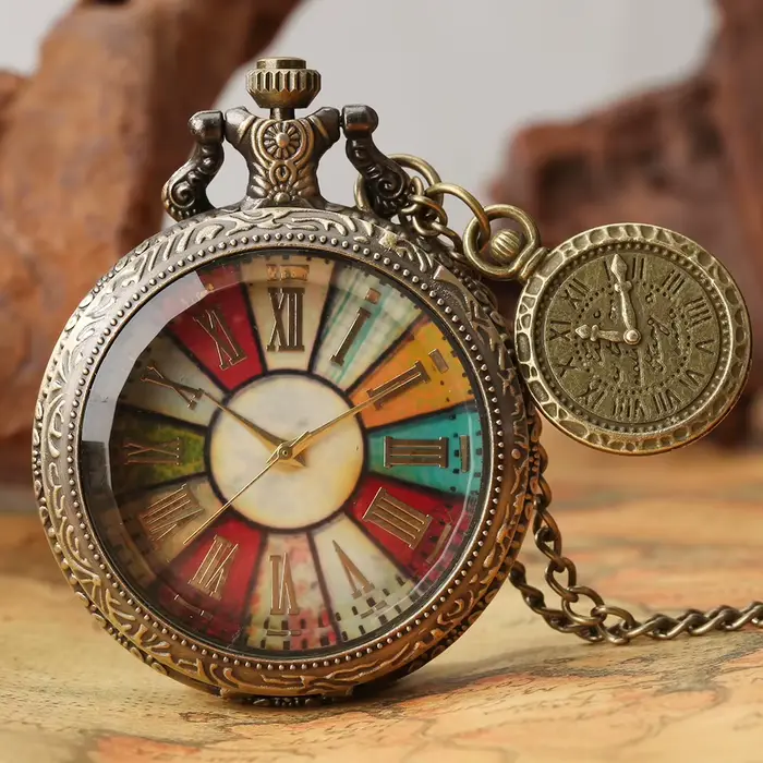 Colorful Pocket Watch Roman Numeral Dial Display Quartz with Necklace Chain Leisure Pendant Gift Lux