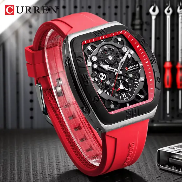 Montre chronographe Curren design de boîtier tonneau avec bracelet en silicone sport quartz rouge et noir pour homme occasions spéciales