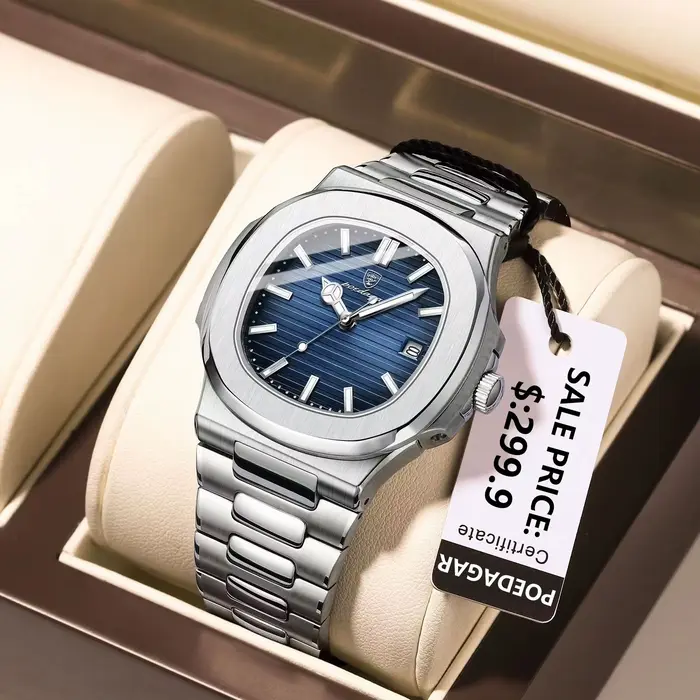 POEDAGAR carré luxe hommes montre-bracelet étanche lumineux Date en acier inoxydable mâle horloge affaires sport
