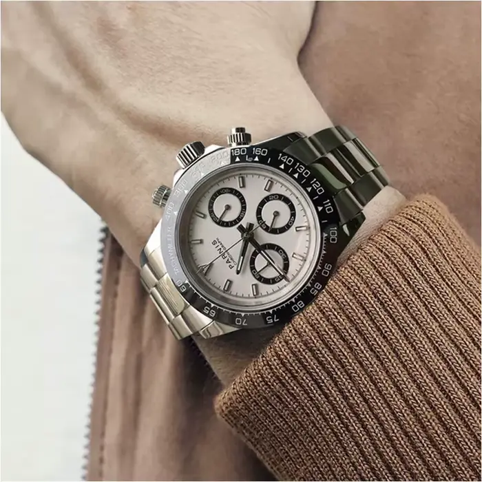 Montre homme Fashion Parnis avec cadran 39mm chronographe quartz acier inoxydable résistance à l'eau cristal saphir occasionnels élégants