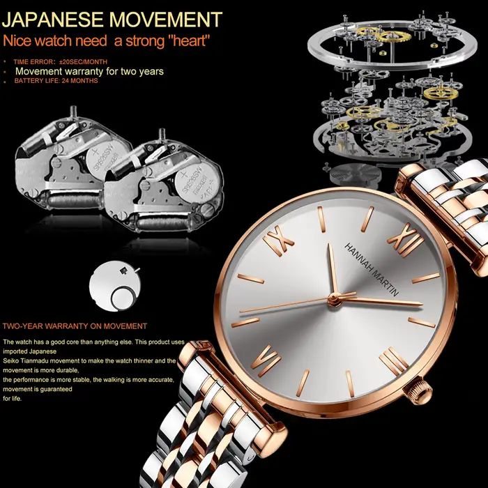 2024 nouvelle montre de loisirs pour femmes Top marque Hanna Martin mouvement japonais en acier inoxydable mode échelle