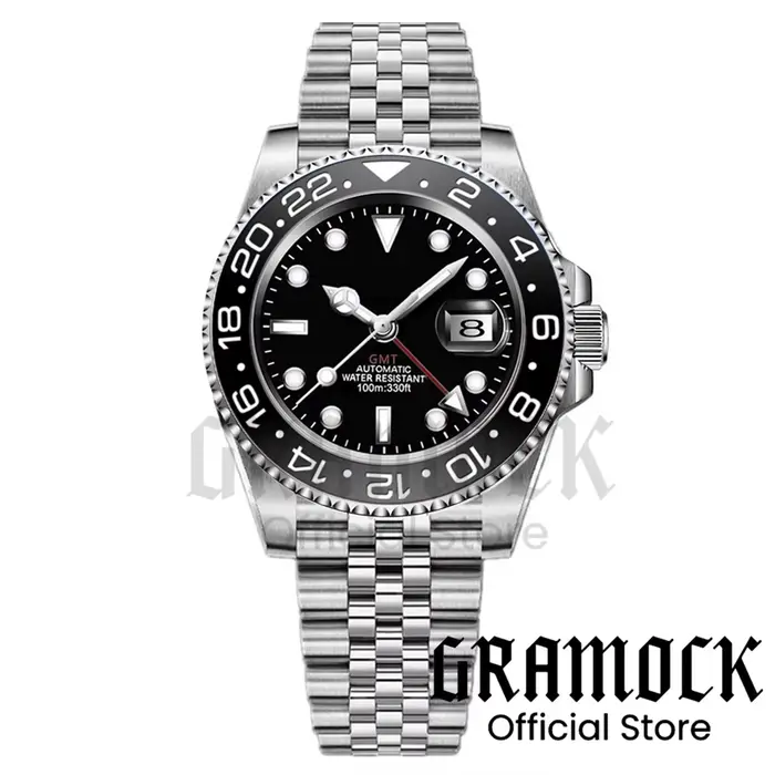 Gramock 40mm cadran blanc noir rouge GMT montre pour hommes montre-bracelet mécanique vert lumineux Date saphir acier plongée Reloj Hombre