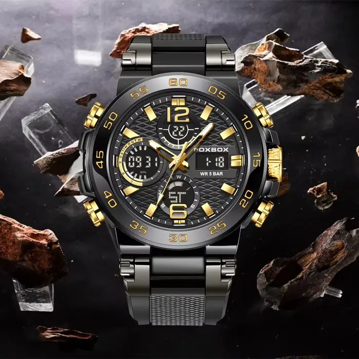 FOXBOX Top marque montre de sport pour homme Quartz numérique militaire montre-bracelet 50 M étanche lumineux hommes