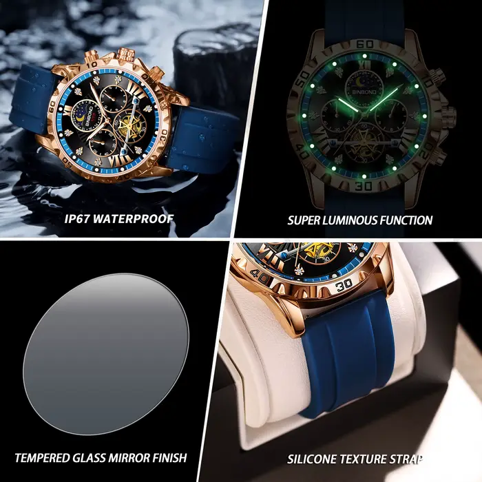 Montre de luxe lumineuse et étanche pour hommes, sportive avec fonction chronographe, résistante à l'eau, bracelet en silicone, pour occasions spéciales et activités quotidiennes