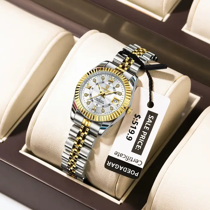 Montre élégante en acier inoxydable avec affichage numérique romain et fonction date automatique pour femmes occasions spéciales