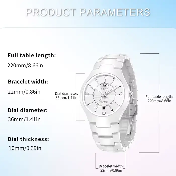 Montre élégante en céramique pour femmes avec affichage de la semaine et résistance à l'eau pour toutes les occasions