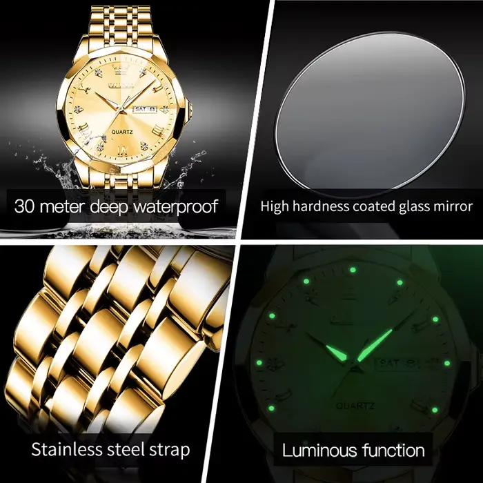 OLEVS montres pour hommes or Original montre-bracelet à Quartz étanche montre lumineuse pour homme losange miroir Date semaine robe de luxe