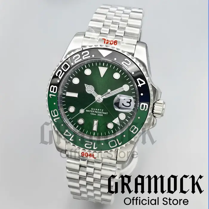 Montres mécaniques personnalisées pour hommes, 40MM GMT, cadran vert Sunberst, montre en acier jubil