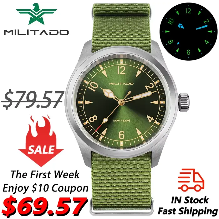Montre Militado en acier inoxydable avec cristal de saphir bombé pour homme occasion spéciale vintage quartz resistant à l'eau