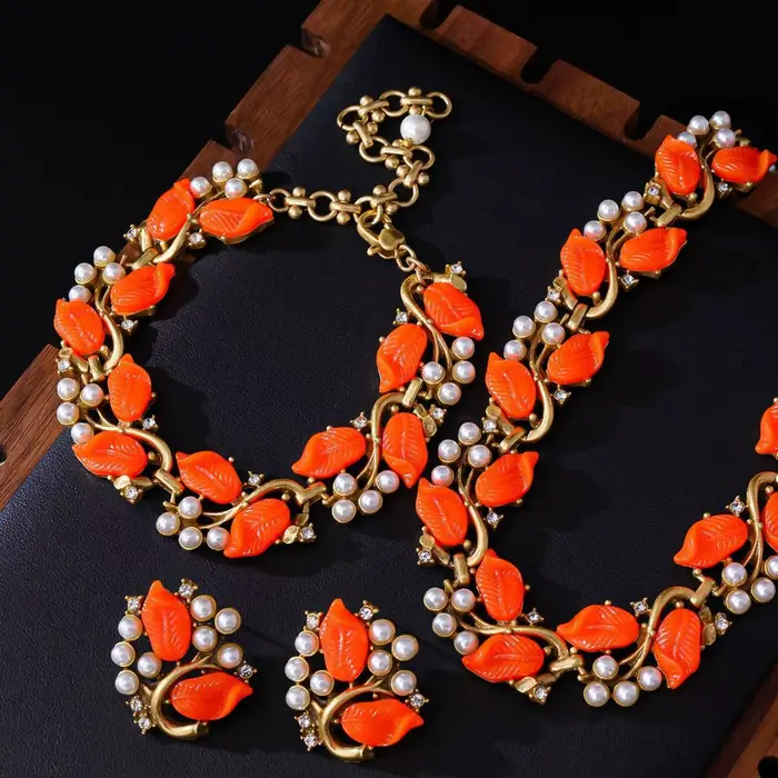 Élégant français Vintage perle conception feuille forme Bracelet boucles d'oreilles collier ensemble de bijoux de haute qualité Style Antique mode Acce...