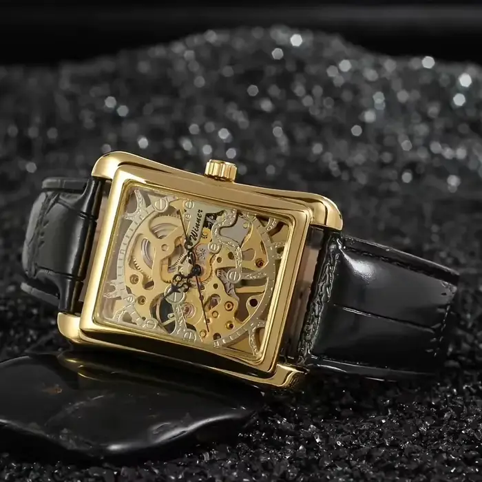 Montre mécanique manuelle de luxe pour homme design rectangulaire ajouré bracelet en cuir haut de gamme et tendance montre élégante et stylée de style urbain occassions formelles et informelles