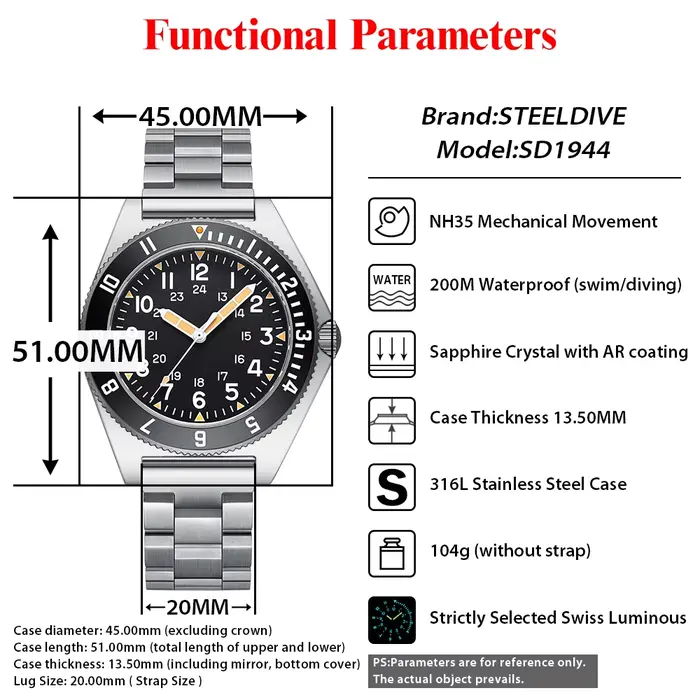 Montre STEELDIVE SD1944 en acier inoxydable avec lunette en céramique pour plongeurs, résistante à l'eau jusqu'à 20 bars, idéale pour les amateurs de sports nautiques et les explorateurs de l'océan