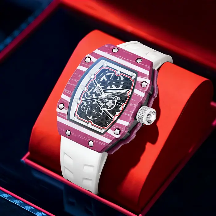 Montre Classique Tonneau à Quartz pour Homme, Cadran Peint Coloré, Tendance Ultra-Mince, Creux, Originale, Montre Homme Mode avec Date, Relogio