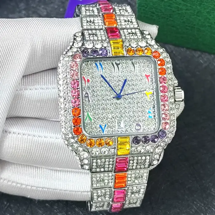 Montre Homme Quartz Diamant Arc-en-ciel Entièrement Sertie Or Gypsophile Vintage Forme Carrée Hip Ho