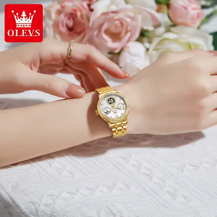 Montre mécanique pour femme OLEVS 6705 authentique avec mouvement tourbillon serti de diamants