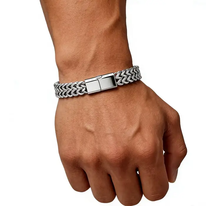 Bracelet en acier inoxydable tressé double rangée motif écailles de poisson plaqué rhodium imitation pour hommes et femmes styles hiphop rock à offrir occasions spéciales