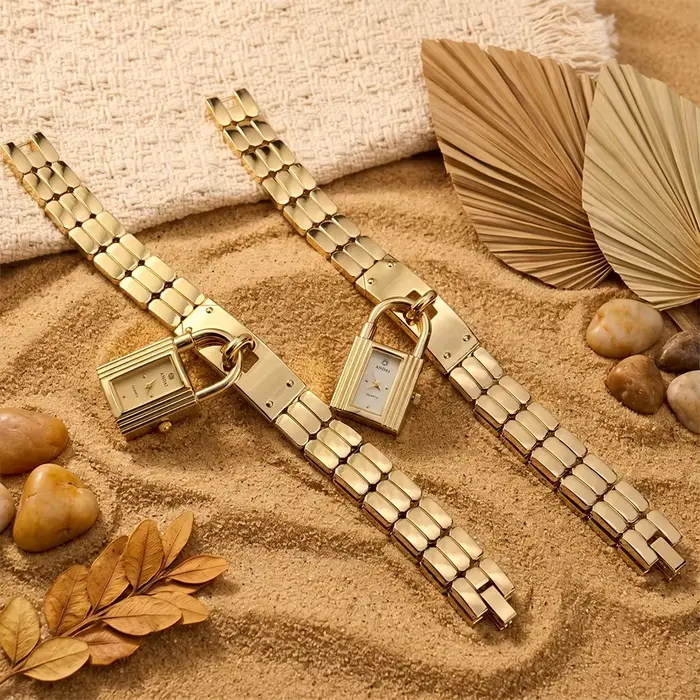 ‌ Montre en or - Montre tendance pour femme avec cadran en forme de cadenas créatif