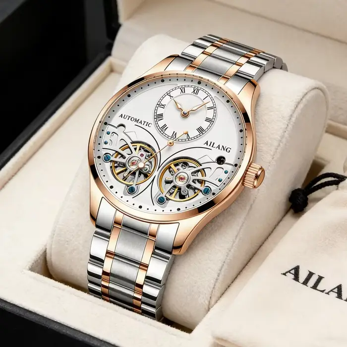 Nouvelle montre mécanique squelette automatique haut de gamme à double tourbillon en acier inoxydable résistante à l'eau pour homme, occassions spéciales et tous les jours