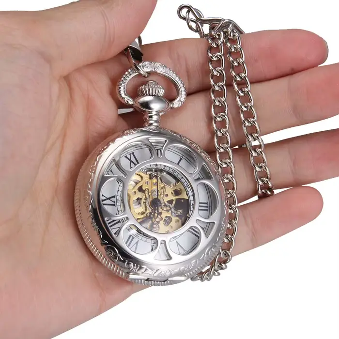 Montre de Poche Mécanique à Pétales Argentés pour Homme et Femme
