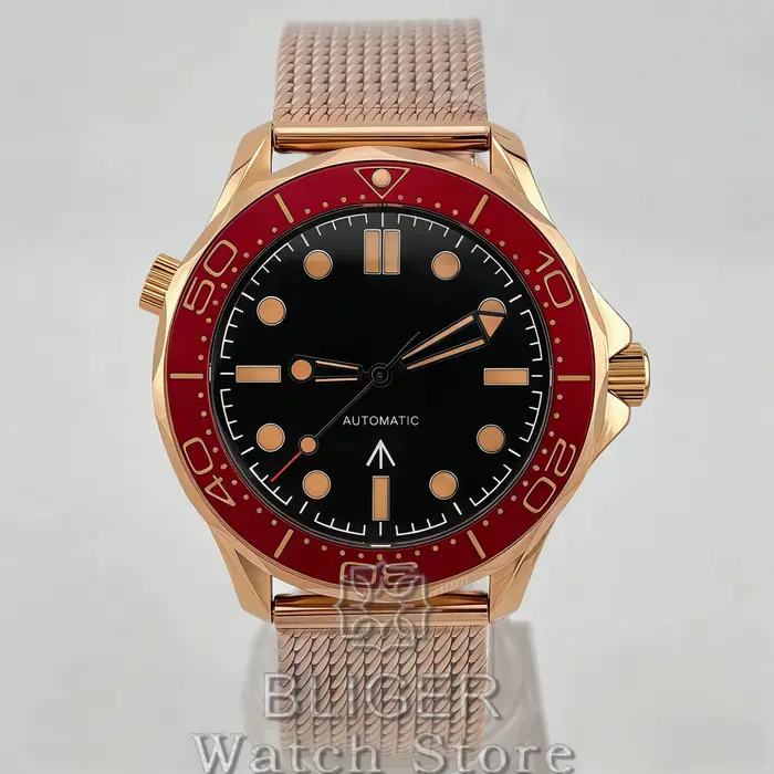 Montre de plongée mécanique BLIGER Vintage Bronze Or Rose 41mm pour homme NH35 PT5000 007 NTTD 100m avec lunette rouge bordeaux et bracelet en maille