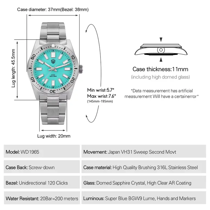 Montre à Quartz Watchdives WD1965 V2 Acier Inoxydable Luminous et Étanche pour Hommes Occasions Spéciales Plongée Mode Casual