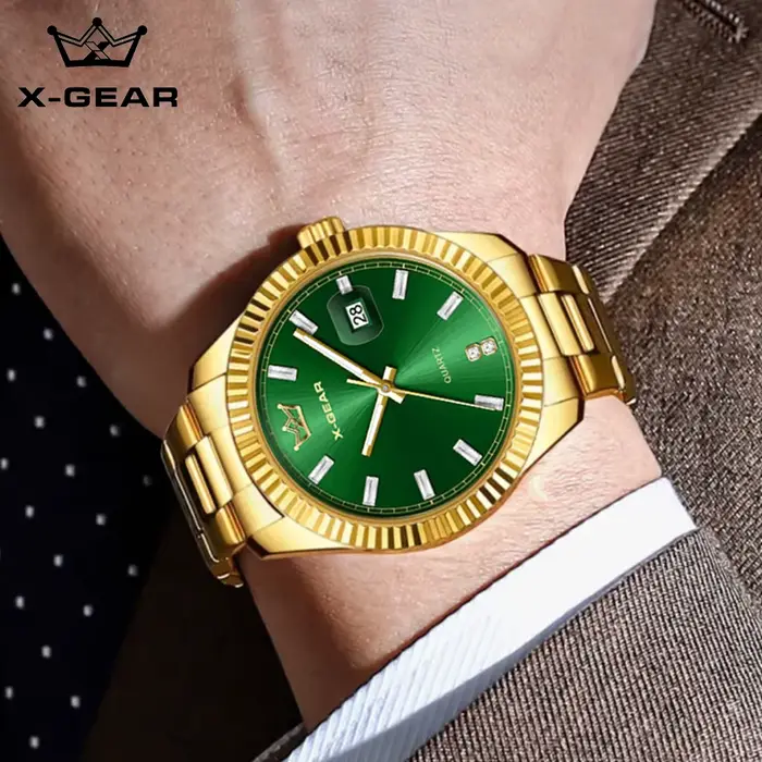 Montre-bracelet homme X-GEAR acier inoxydable or et vert style business casual avec calendrier mouvement quartz résistance à l'eau 5 bars pour femmes occasions spéciales