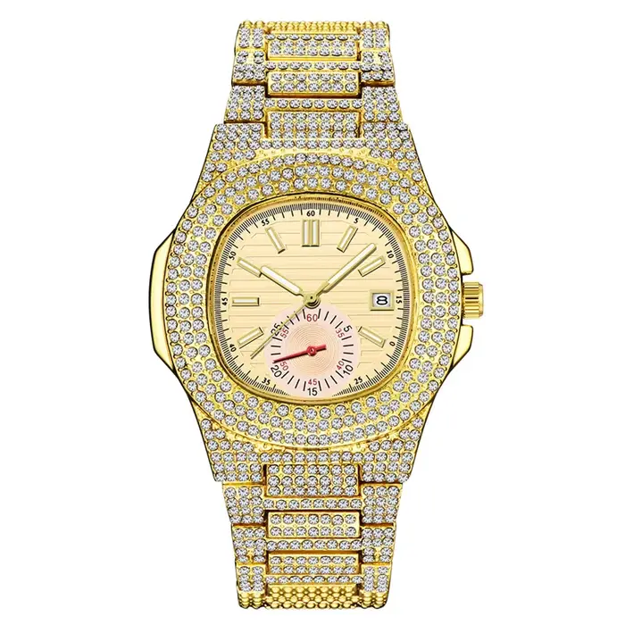 Montres Hip Hop pour hommes, Reloj zones bre, bracelet en alliage de mode, diamant, calendrier, cade