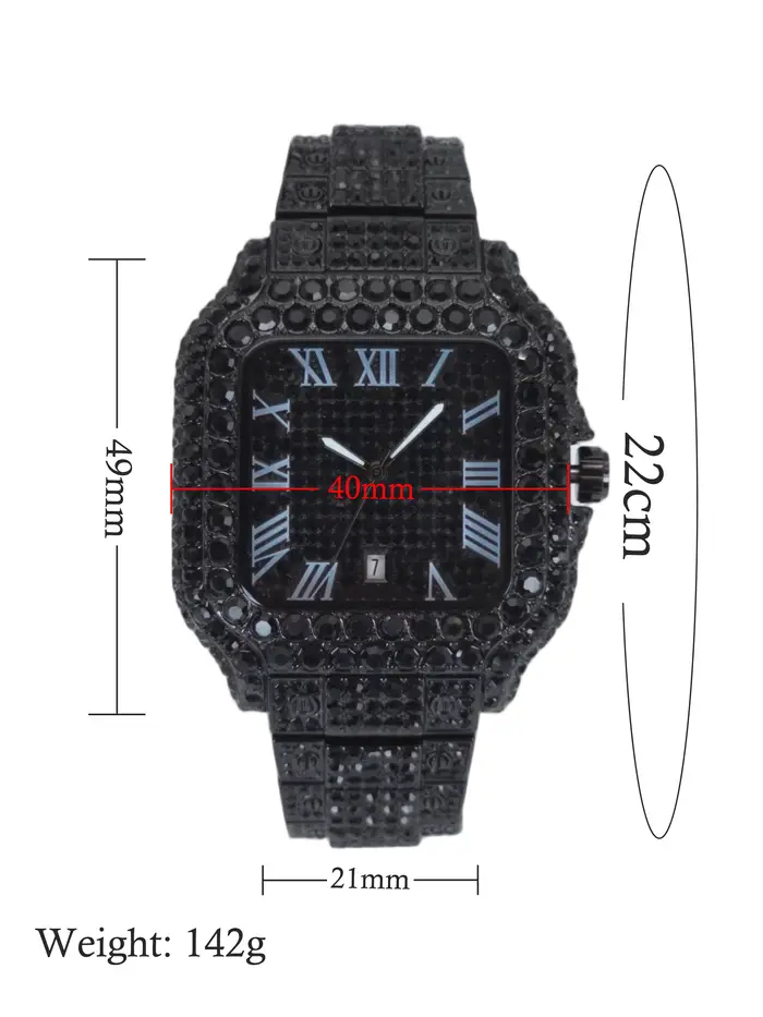 Montre noire pour hommes Hip Hop diamant Cool mode