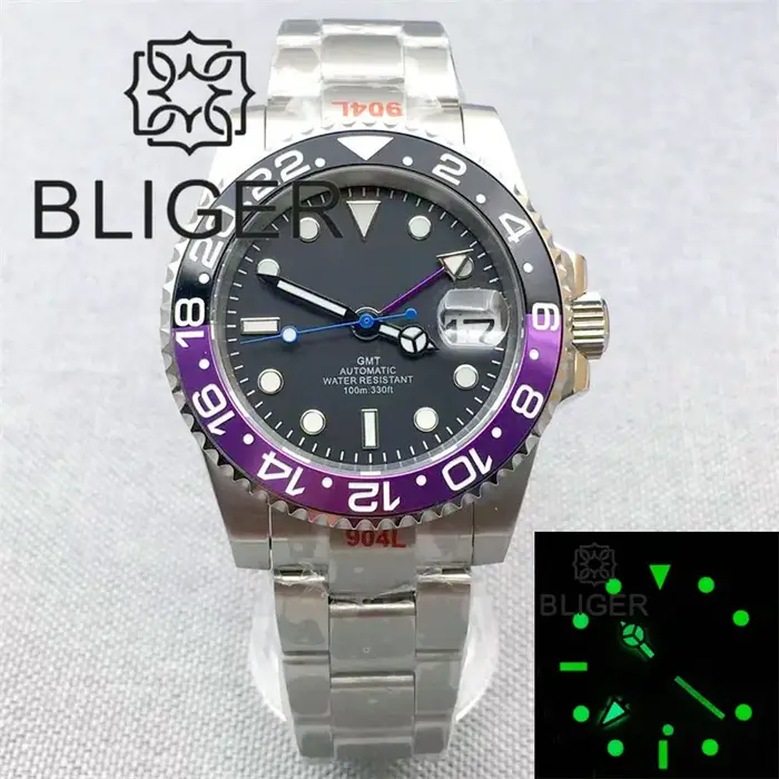 BLIGER 40mm GMT montre pour hommes lumineux bleu rouge violet lunette insérer verre saphir acier inoxydable étanche Relogio Masculino