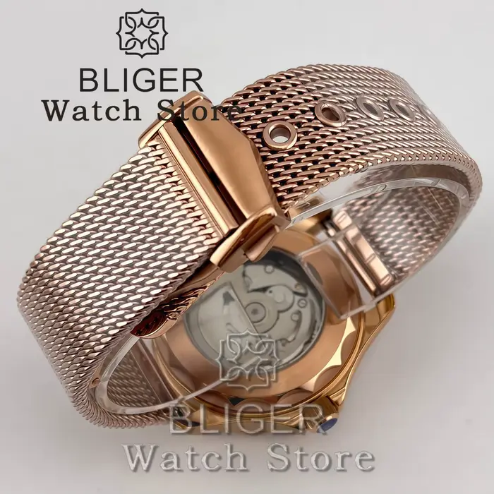 Montre de plongée mécanique BLIGER Vintage Bronze Or Rose 41mm pour homme NH35 PT5000 007 NTTD 100m avec lunette rouge bordeaux et bracelet en maille