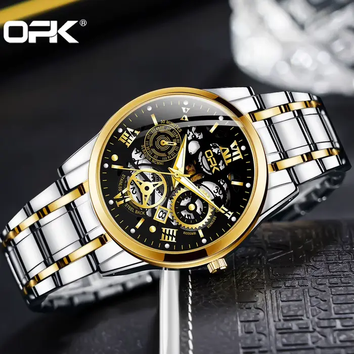 Montre OPK pour Hommes Bracelet Acier Lueur Nocturne Résistante à l'Eau Occasions Spéciales Casual Elegant